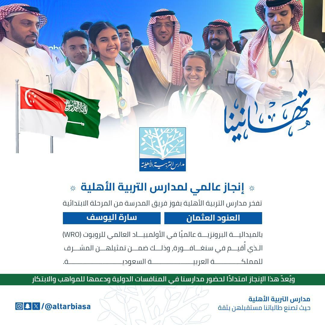 إنجاز عالمي لطالبات مدارس التربية الأهلية في أولمبياد الروبوت WRO