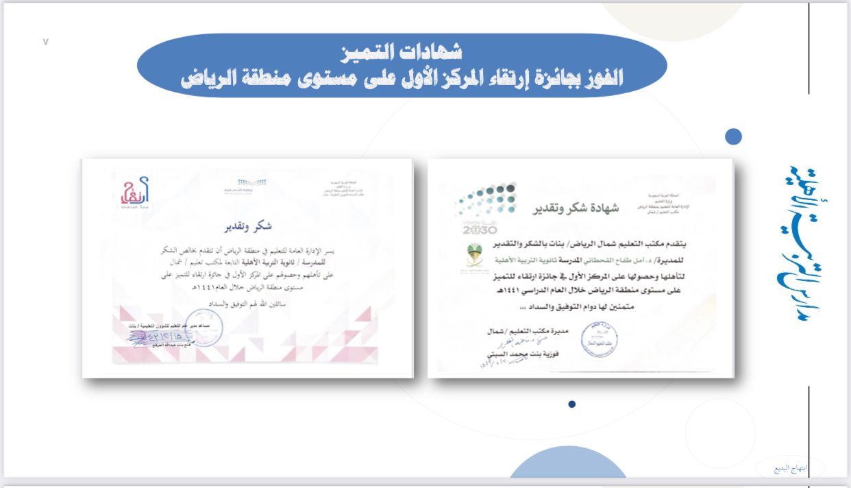 حصول القسم الثانوي على المركز الأول على مستوى متطقة في جائزة ارتقاء للتميز